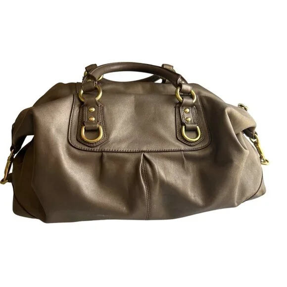 Coach Leather Satchel Bag Taupe With Gold Accents Zip Top Double Handles - Picture 4 of 16